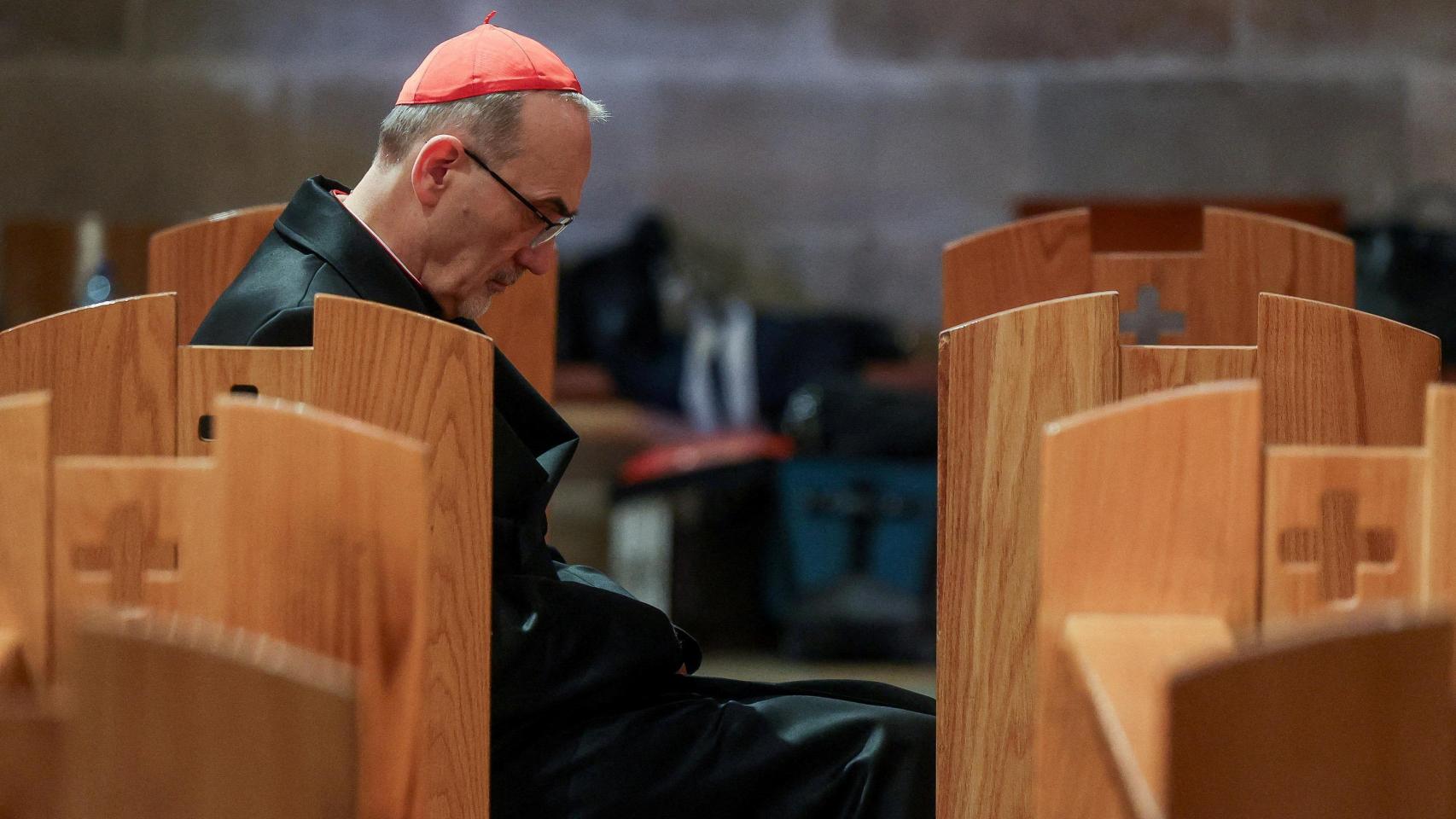 El Patriarca Latino de Jerusalén y cardenal, Pierbattista Pizzaballa, en la Basílica de Getsemaní (Jerusalén) este domingo.