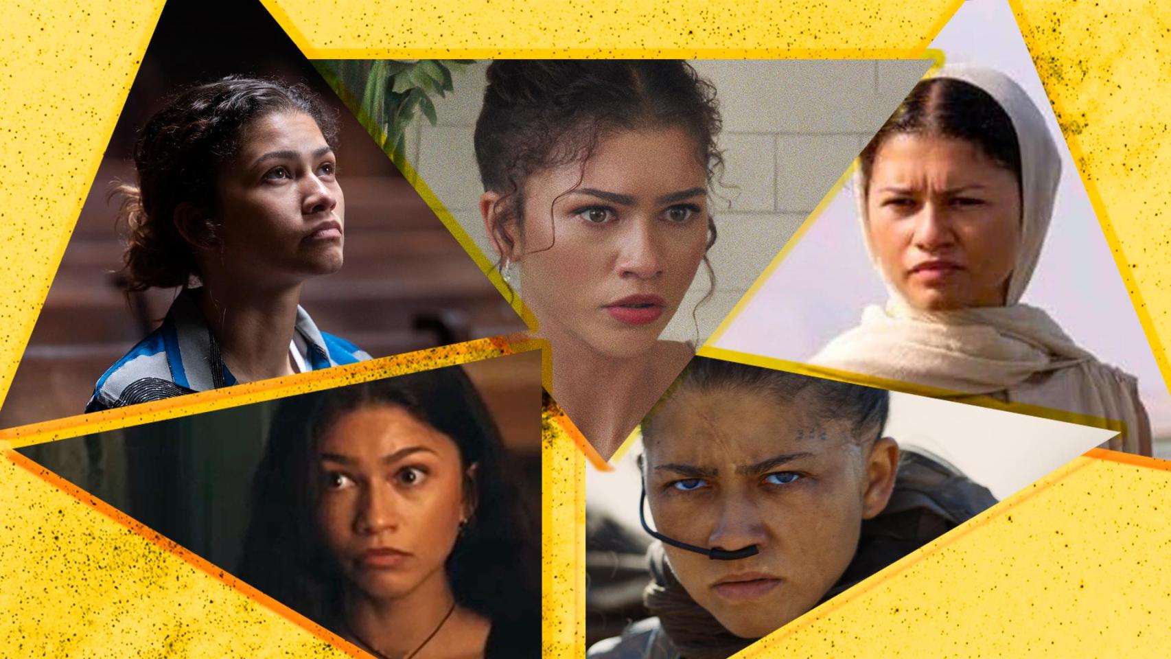 Zendaya en la serie 'Euphoria' y en las películas 'El drama', 'Dune 3', 'Spider-man'. Diseño: Rubén Vique.