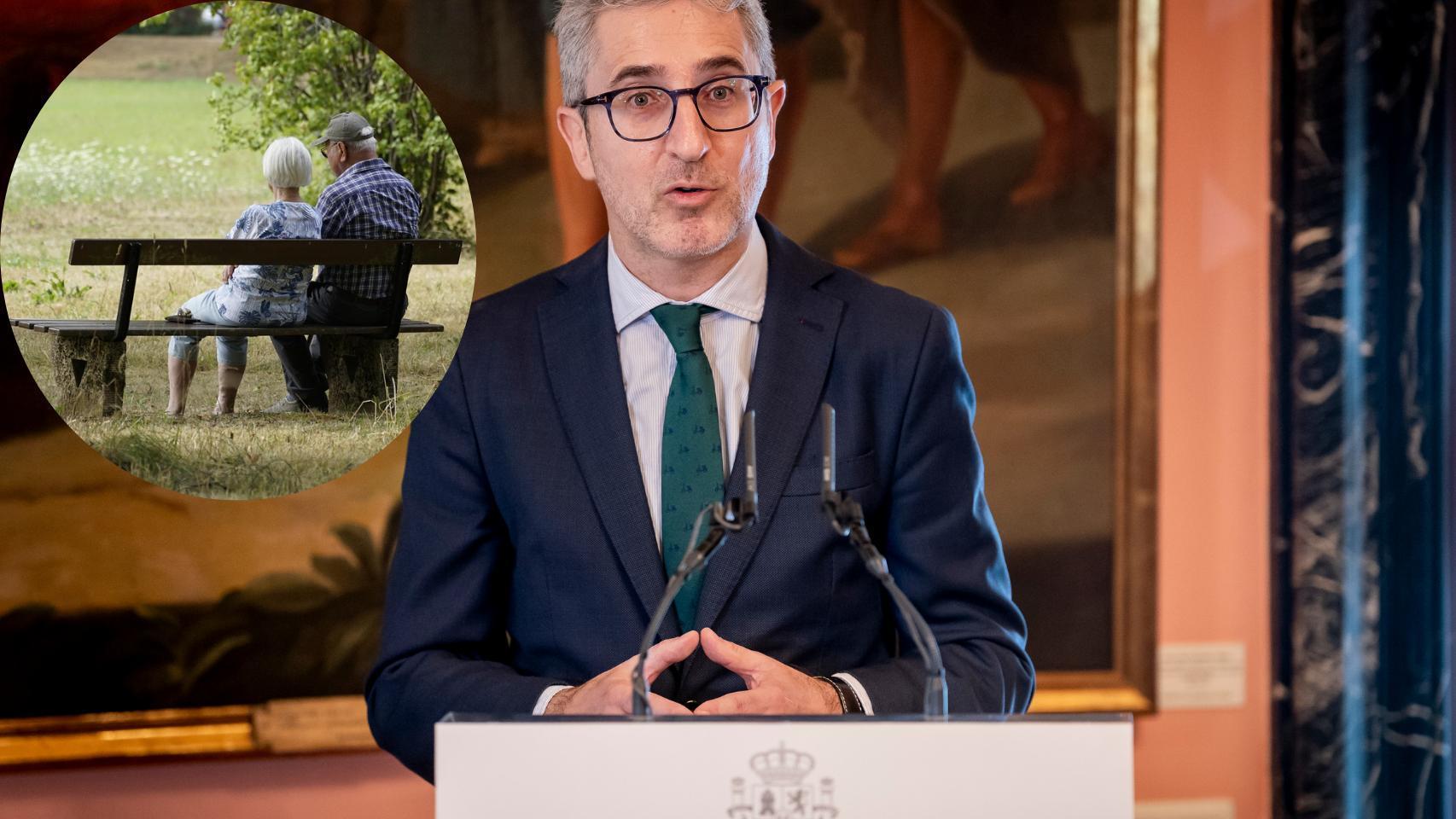 Montaje de Arcadi España (foto: A. Pérez Meca / Europa Press) y un grupo de jubilados (Pixabay).