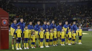Los jugadores de la selección de Ucrania, antes del partido de la repesca para el Mundial 2026 ante Suecia disputado el pasado jueves Ciutat de Valencia.