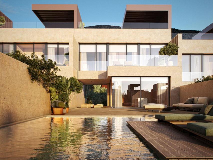 Simulación de cómo será la construcción terminada, vista desde la piscina
