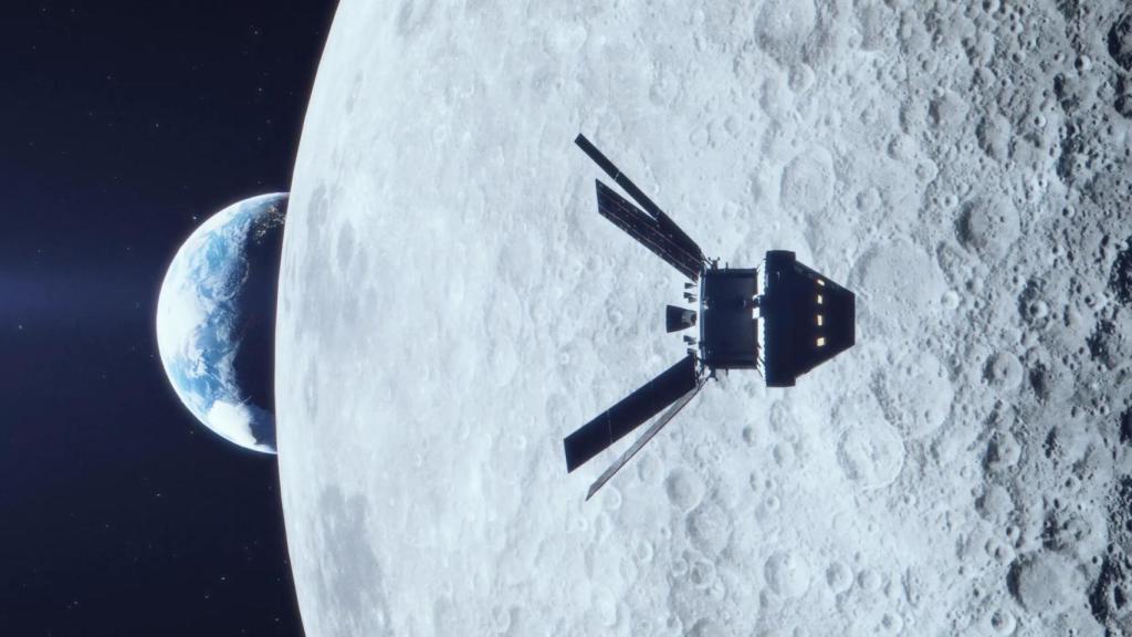 Recreación de la nave Orion rodeando la Luna