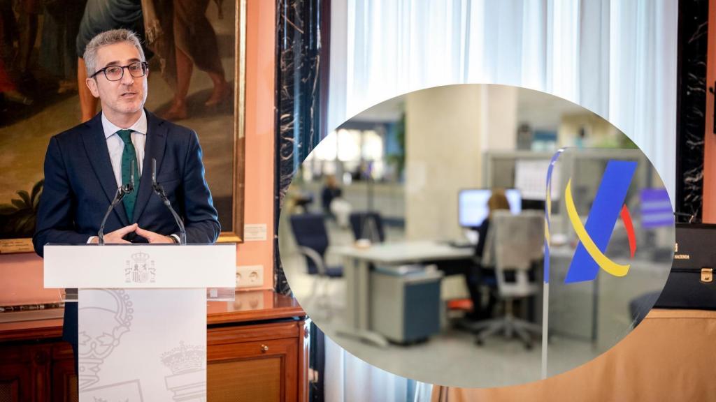 Montaje de Arcadi España, ministro de Hacienda (A. Pérez Meca / Europa Press), con una oficina de la Agencia Tributaria.