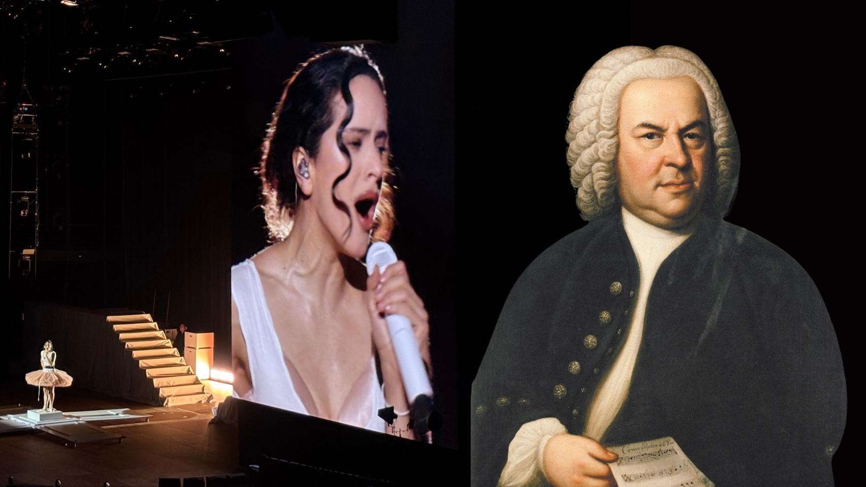 Rosalía durante su concierto del lunes en el Movistar Arena de Madrid (foto: Europa Press). A la derecha, J. S. Bach retratado por E. G. Haussmann en 1748.