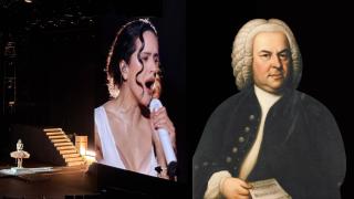 Rosalía durante su concierto del lunes en el Movistar Arena de Madrid (foto: Europa Press). A la derecha, J. S. Bach retratado por E. G. Haussmann en 1748.