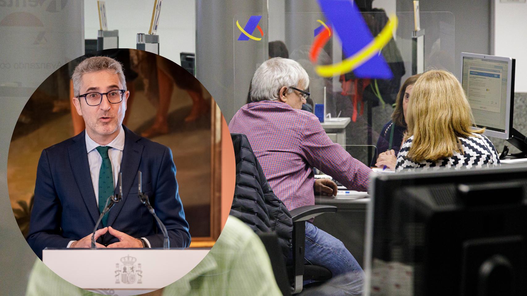 Montaje de Arcadi España, ministro de Hacienda, con personas atendidas en la Agencia Tributaria.
