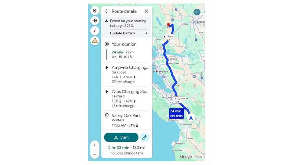 Ruta con un coche eléctrico en Google Maps
