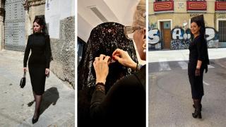 De izquierda a derecha, Cristina Mena-Bernal, de mantilla un Jueves Santo en Sevilla; imagen del taller sobre cómo colocar el accesorio de la Asociación de Mantillas de Cáceres; y Ana Sánchez en la capital hispalense.