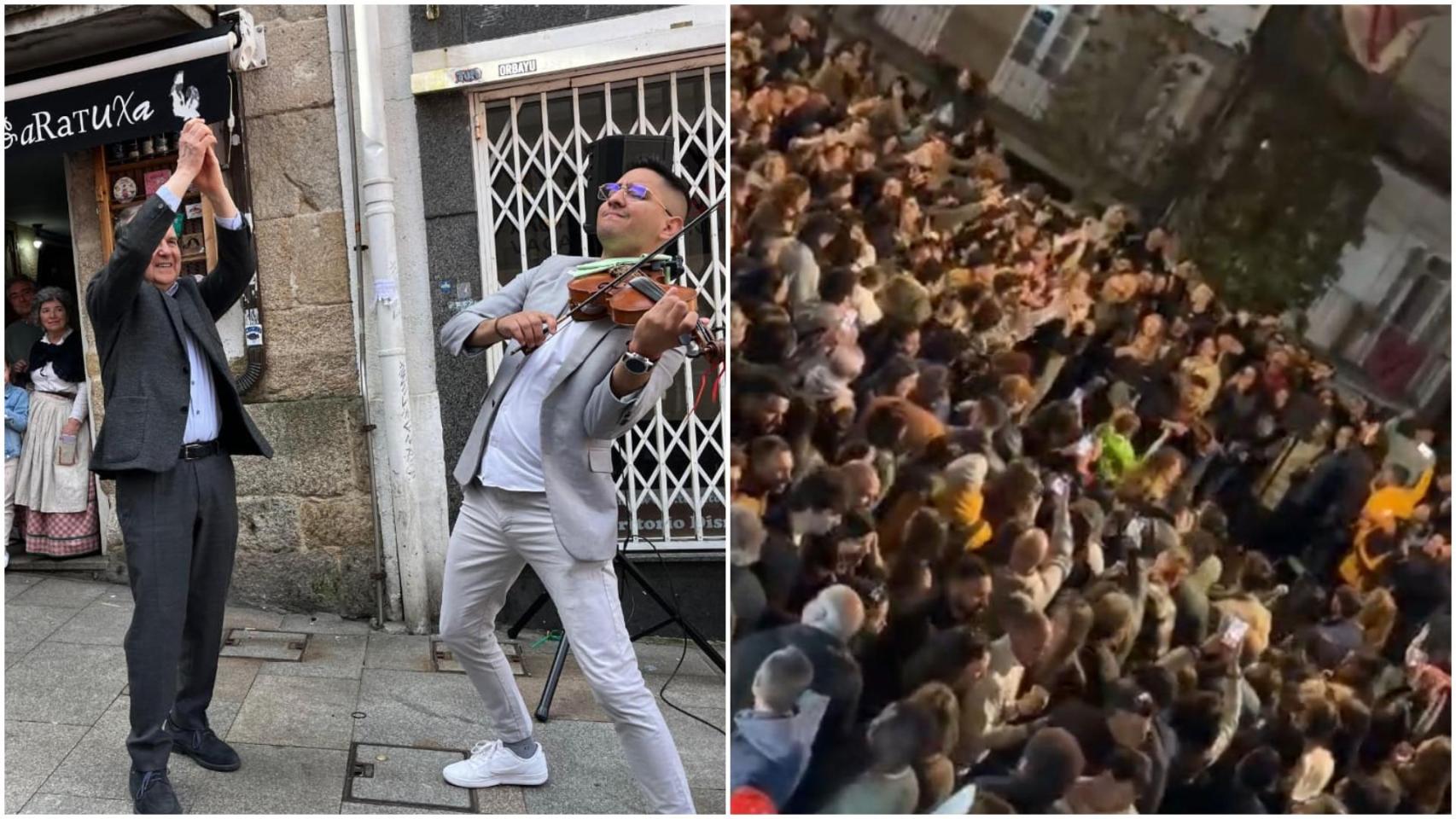 Manolo González tocando su violín en La Reconquista de Vigo junto al alcalde y los asistentes a la fiesta.