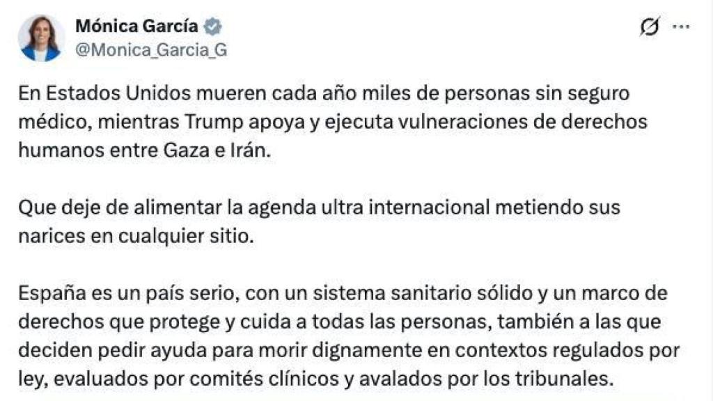 Imagen del tuit publicado por Mónica García en X.