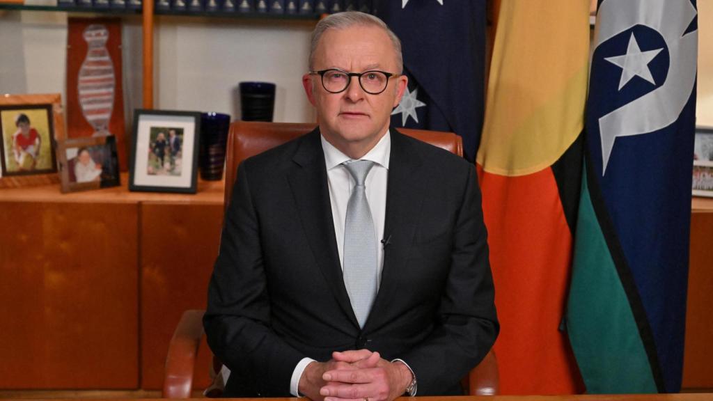 El primer ministro Anthony Albanese durante su comparecencia.