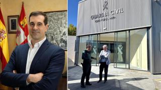 El alcalde de Aldeamayor de San Martín, Roberto Martínez, y el alcalde de Arroyo de la Encomienda, Sarbelio Fernández, ante el nuevo cuartel de la Guardia Civil en el municipio, en un montaje de EL ESPAÑOL