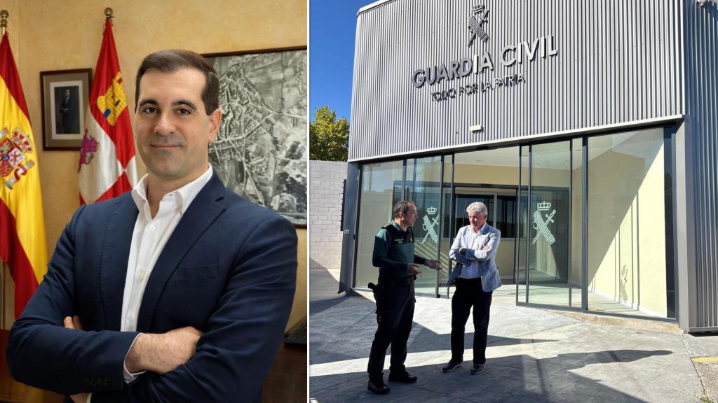 El alcalde de Aldeamayor de San Martín, Roberto Martínez, y el alcalde de Arroyo de la Encomienda, Sarbelio Fernández, ante el nuevo cuartel de la Guardia Civil en el municipio, en un montaje de EL ESPAÑOL