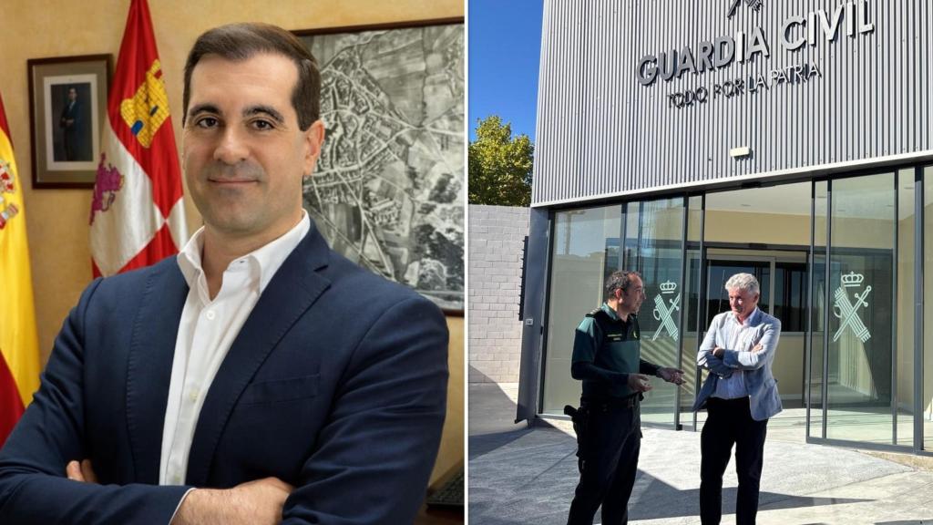 El alcalde de Aldeamayor de San Martín, Roberto Martínez, y el alcalde de Arroyo de la Encomienda, Sarbelio Fernández, ante el nuevo cuartel de la Guardia Civil en el municipio, en un montaje de EL ESPAÑOL