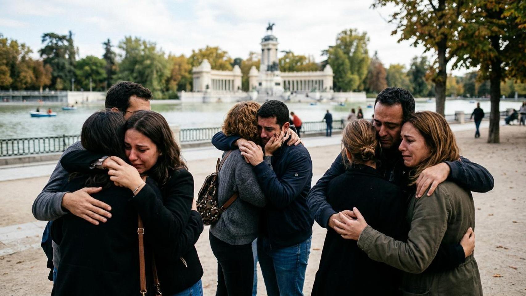La gente llora en el parque del Retiro.