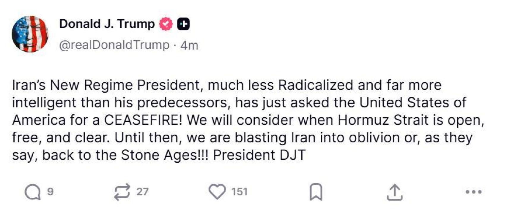 Trump's message in Truth Social.