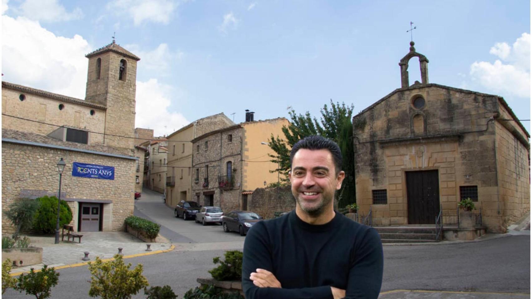 Montaje del municipio de la Pobla de Cérvoles y Xavi Hernández.