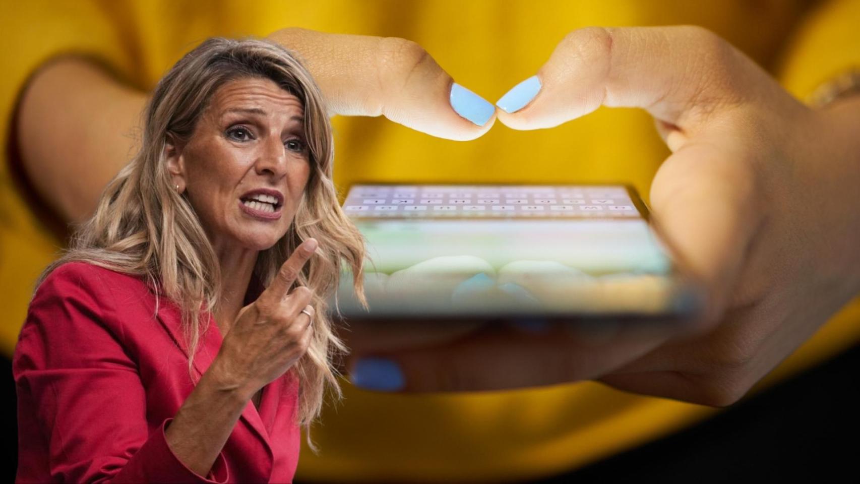Montaje de Yolanda Díaz, ministra de Trabajo, y una persona enviando un WhatsApp desde un teléfono.