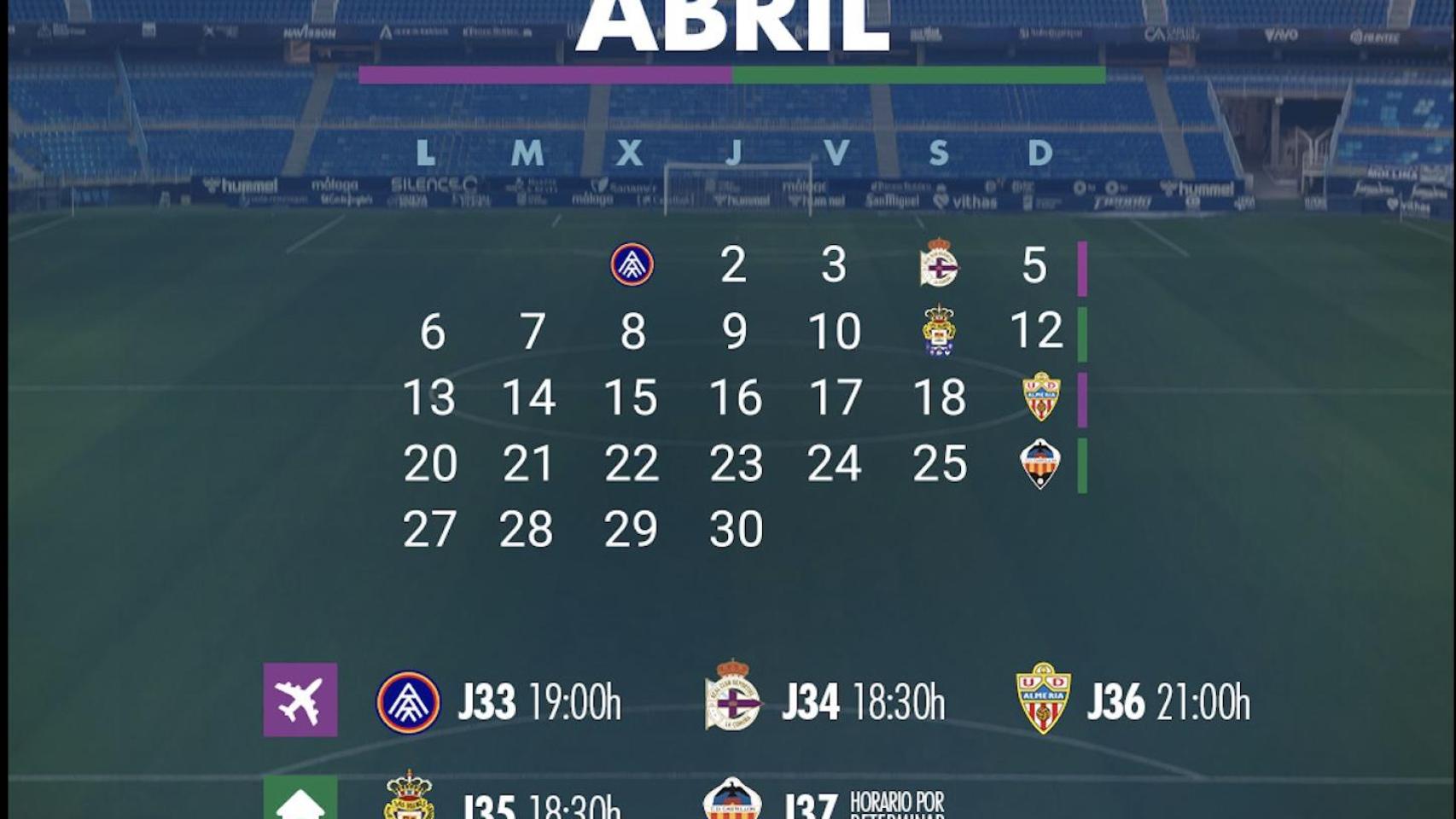 Calendario Málaga CF: llega los Pirineos y los Alpes juntos para los blanquiazules en el mes de abril