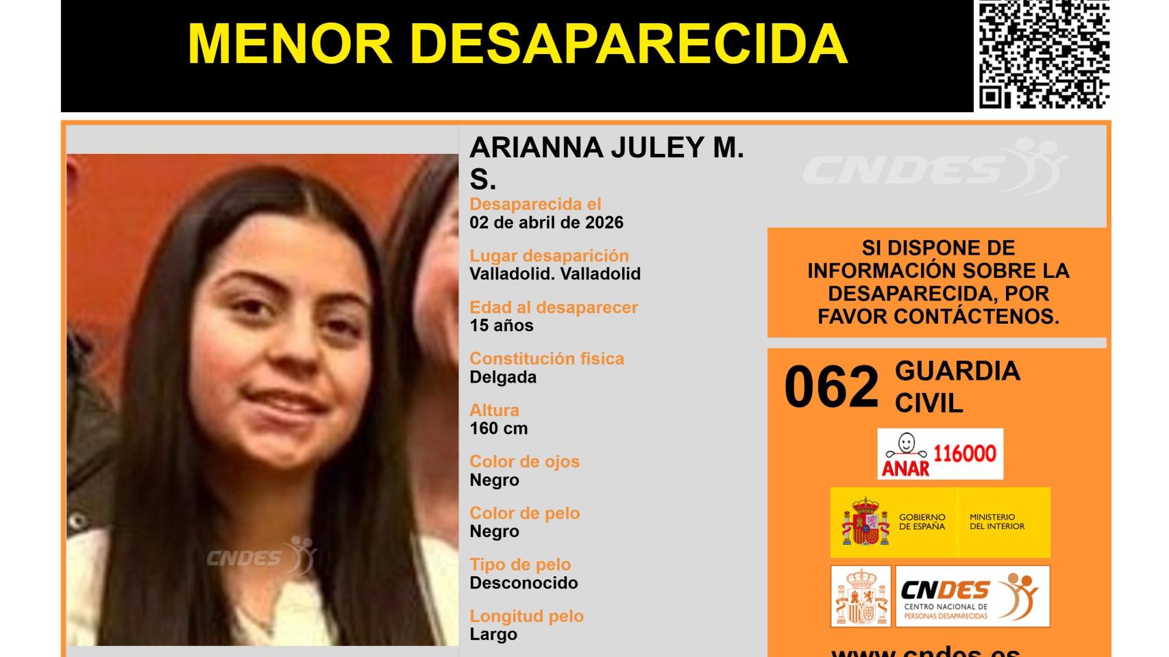 Imagen de Arianna Juley, desaparecida en Valladolid.