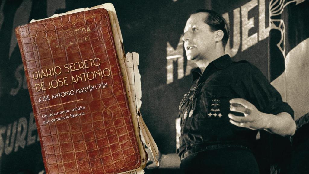 Detalle de la portada del libro 'Diario secreto de José Antonio', de J. A. Martín Otín (ed. Espasa). A la derecha, José Antonio Primo de Rivera durante un mitin de Falange en 1935. Foto: Ortiz