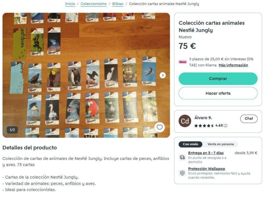 Pantallazo de un usuario de Wallapop que vende las tarjetas de animales que van dentro de las tabletas Nestlé Jungly.