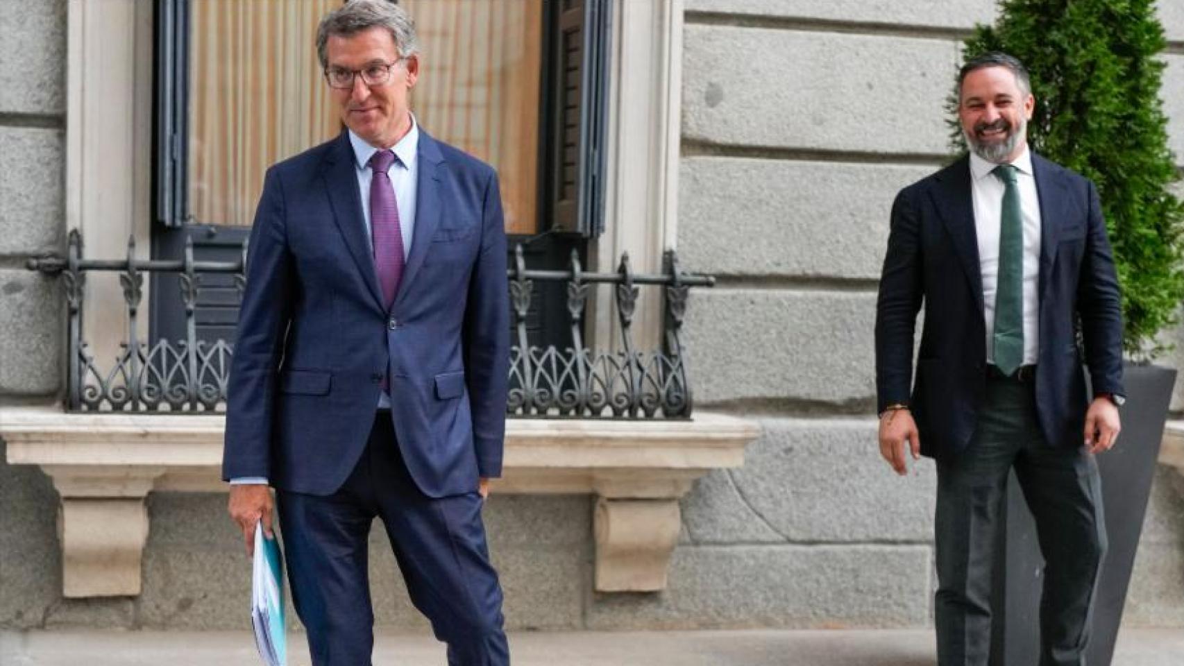 El presidente del PP, Alberto Núñez Feijóo, conversa con el presidente de Vox, Santiago Abascal, en una imagen de 2024.