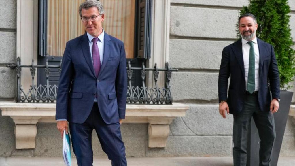 El presidente del PP, Alberto Núñez Feijóo, conversa con el presidente de Vox, Santiago Abascal, en una imagen de 2024.