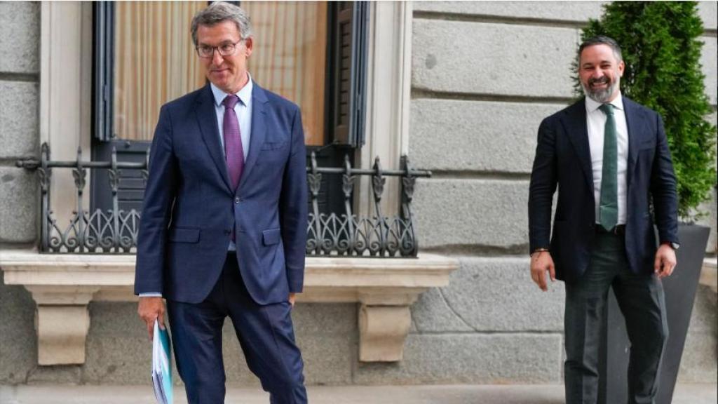 El presidente del PP, Alberto Núñez Feijóo, conversa con el presidente de Vox, Santiago Abascal, en una imagen de 2024.