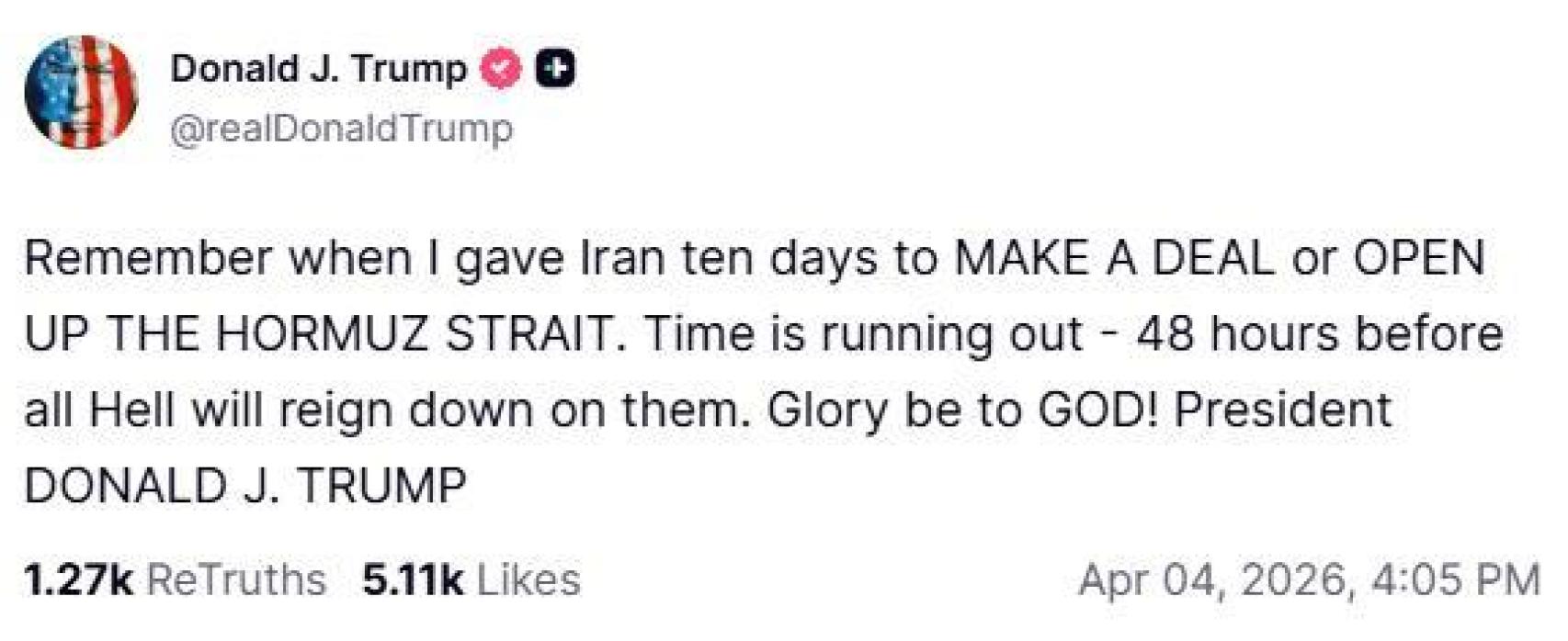 Declaraciones de Donald Trump vía Truth Social.