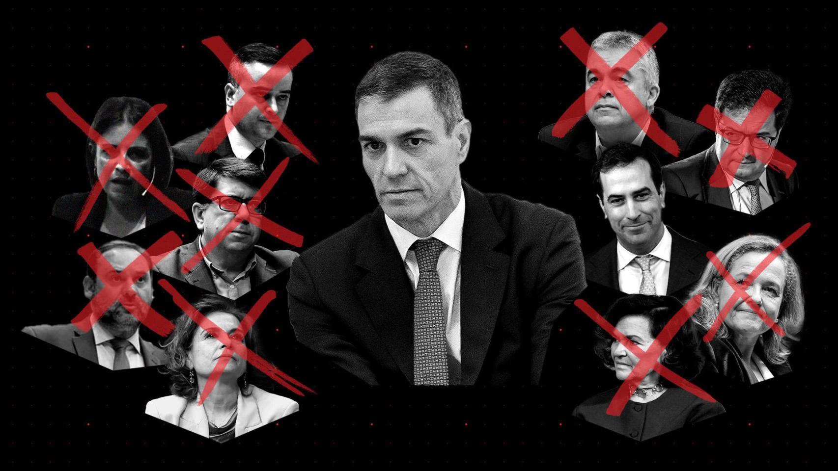 Pedro Sánchez rodeado de María Jesús Montero, José Luis Ábalos, Paco Salazar, Adriana Lastra, Iván Redondo, Santos Cerdán, Óscar López, Carlos Cuerpo, Carmen Calvo y Nadia Calviño.