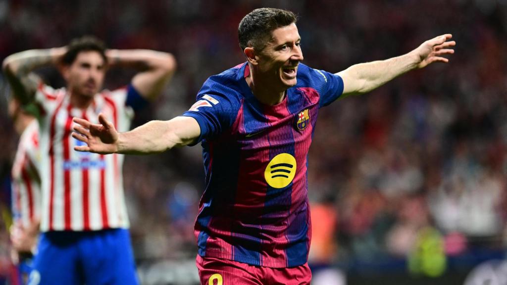Lewandowski celebra el gol de la victoria ante el Atlético de Madrid.