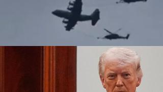 Helicópteros de rescate estadounidenses sobrevolando la provincia de Juzestán (Irán) y Trump 4.3.jpg