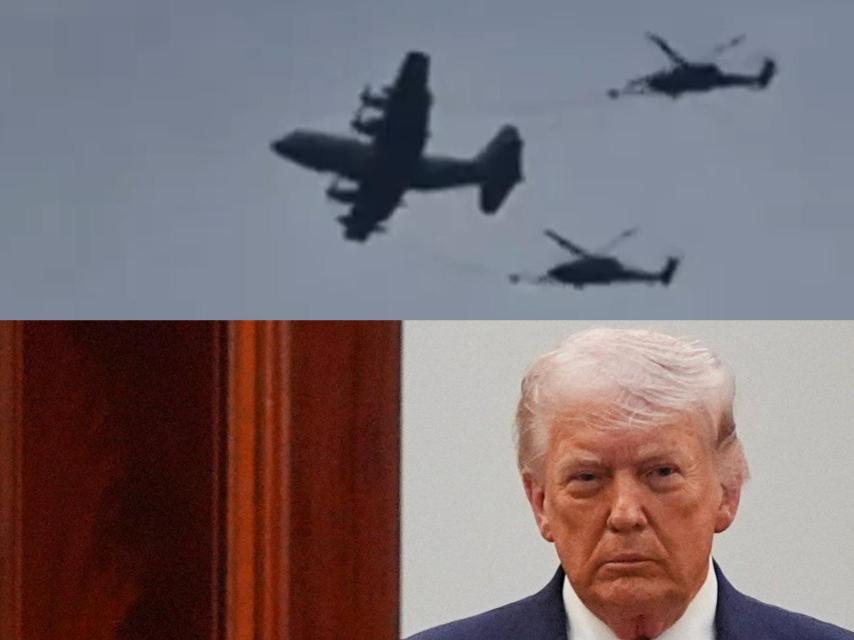 Helicópteros de rescate estadounidenses sobrevolando la provincia de Juzestán (Irán) y Donald Trump.