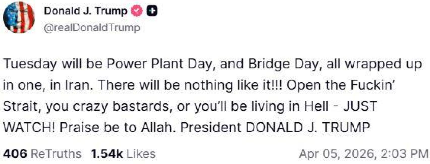 Declaración de Trump este domingo en su cuenta de Truth Social.
