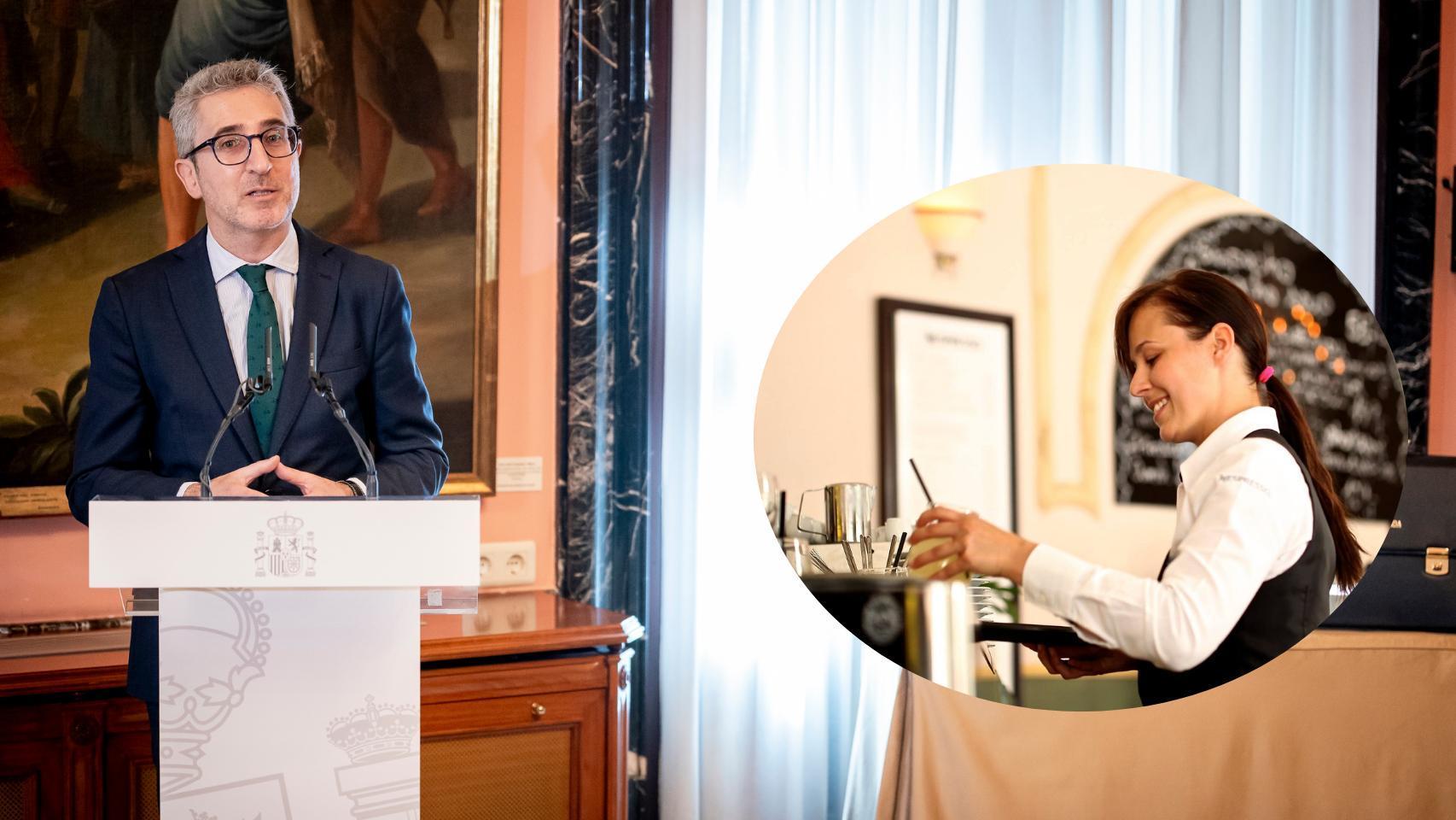 Montaje de Arcadi España, ministro de Hacienda, con una trabajadora autónoma.
