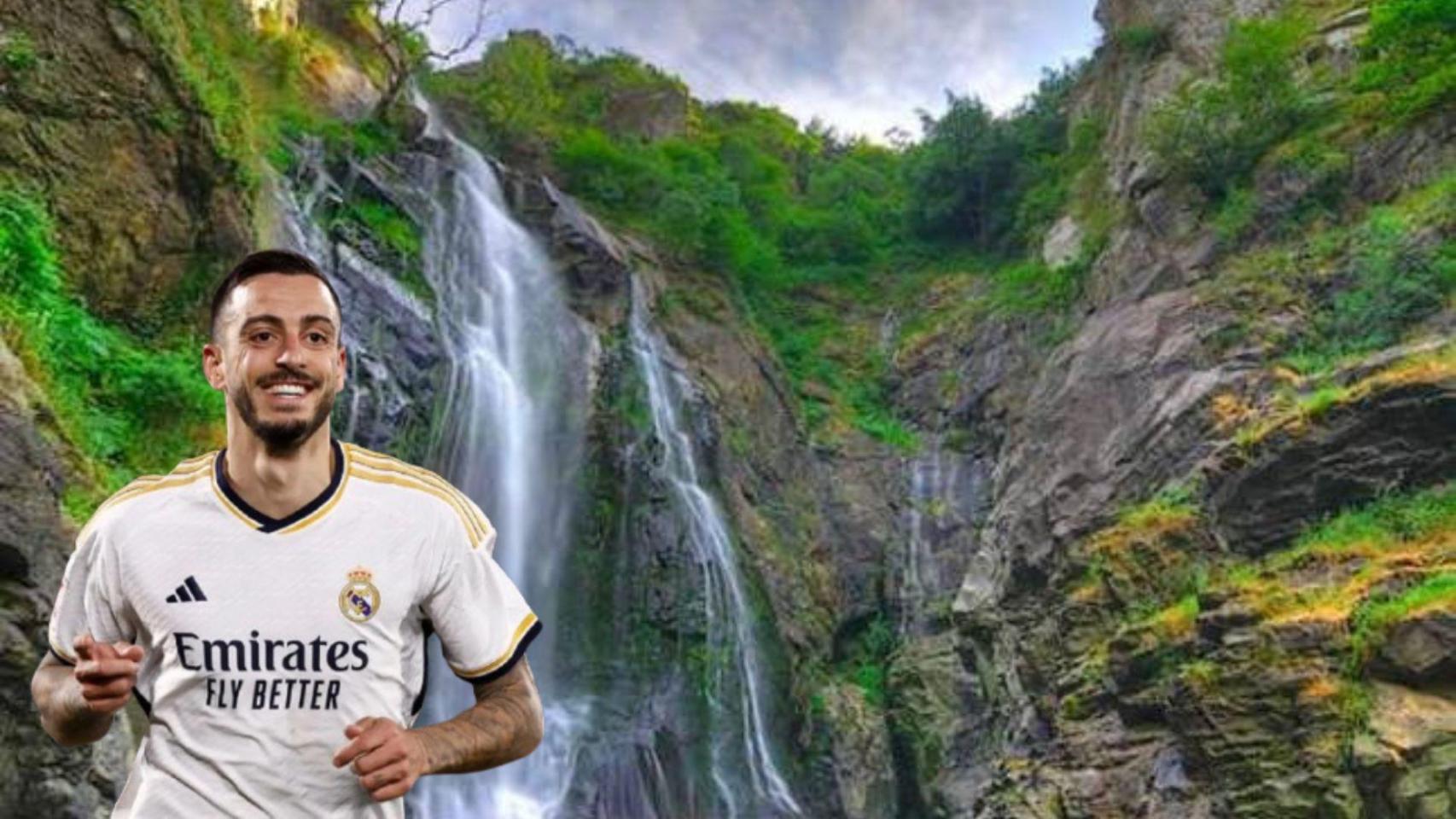 Montaje de Joselu y la cascada del pueblo donde suele descansar en vacaciones.