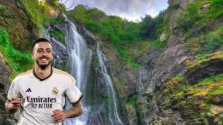 Montaje de Joselu y la cascada del pueblo donde suele descansar en vacaciones.
