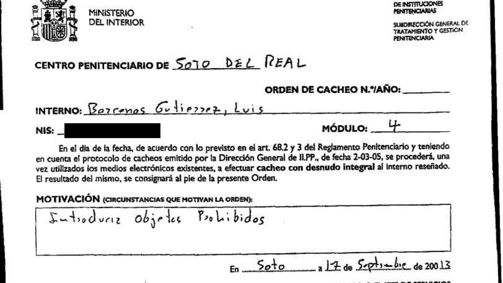 Orden de cacheo a Bárcenas en prisión.