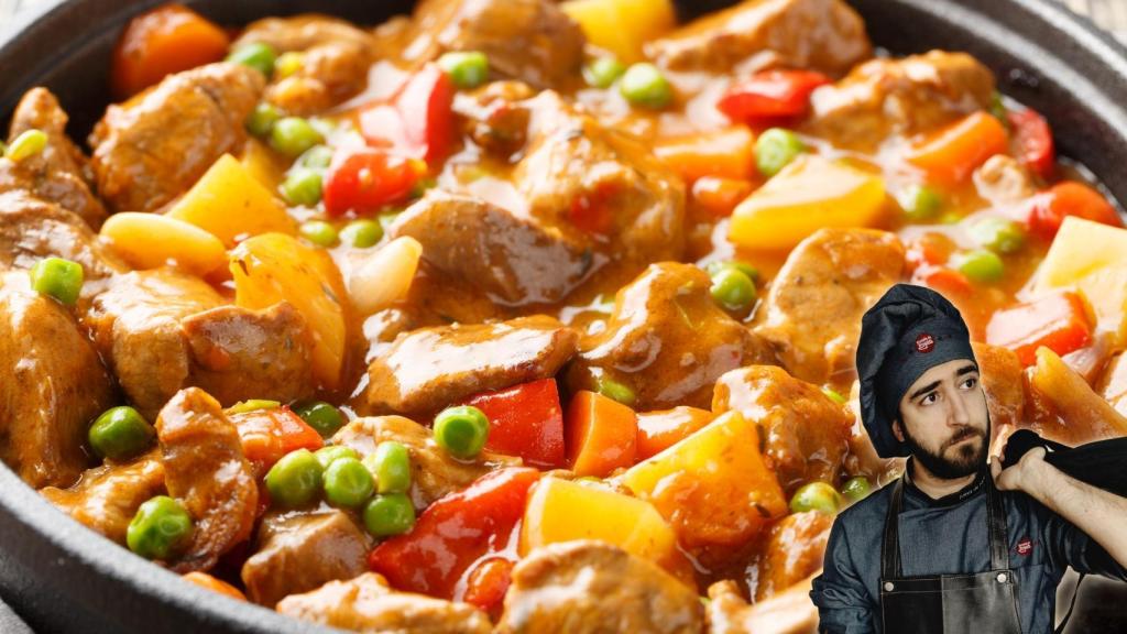 Pablo Suárez, cocinero, y un guiso de carne con patatas y verduras