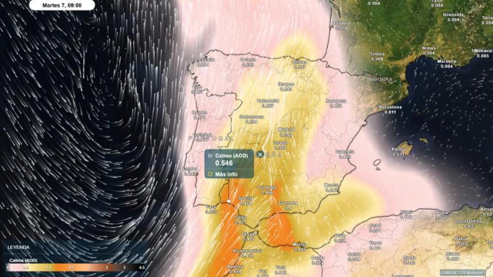 La lengua de polvo en suspensión cruzará España de sur a norte. Foto: Meteored.