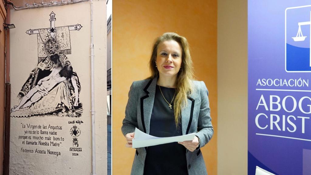 El mural vandalizado de Nuestra Madre de las Angustias en Zamora y la presidenta de Abogados Cristianos, Polonia Castellanos, en un montaje de EL ESPAÑOL