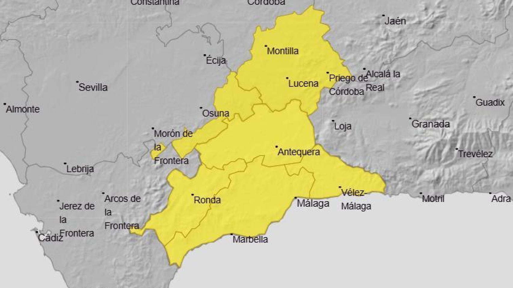 Mapa del aviso amarillo activado por la Aemet para este miércoles en la provincia de Málaga.