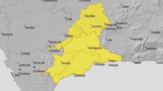 Mapa del aviso amarillo activado por la Aemet para este miércoles en la provincia de Málaga.