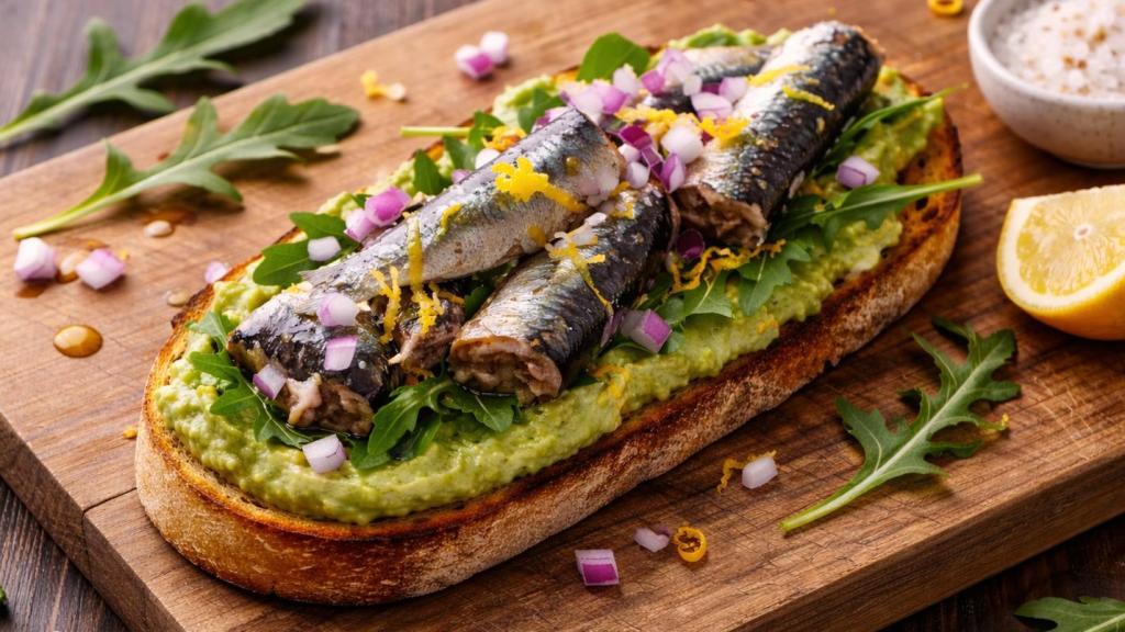Una rebanada de sardinas con aguacate.