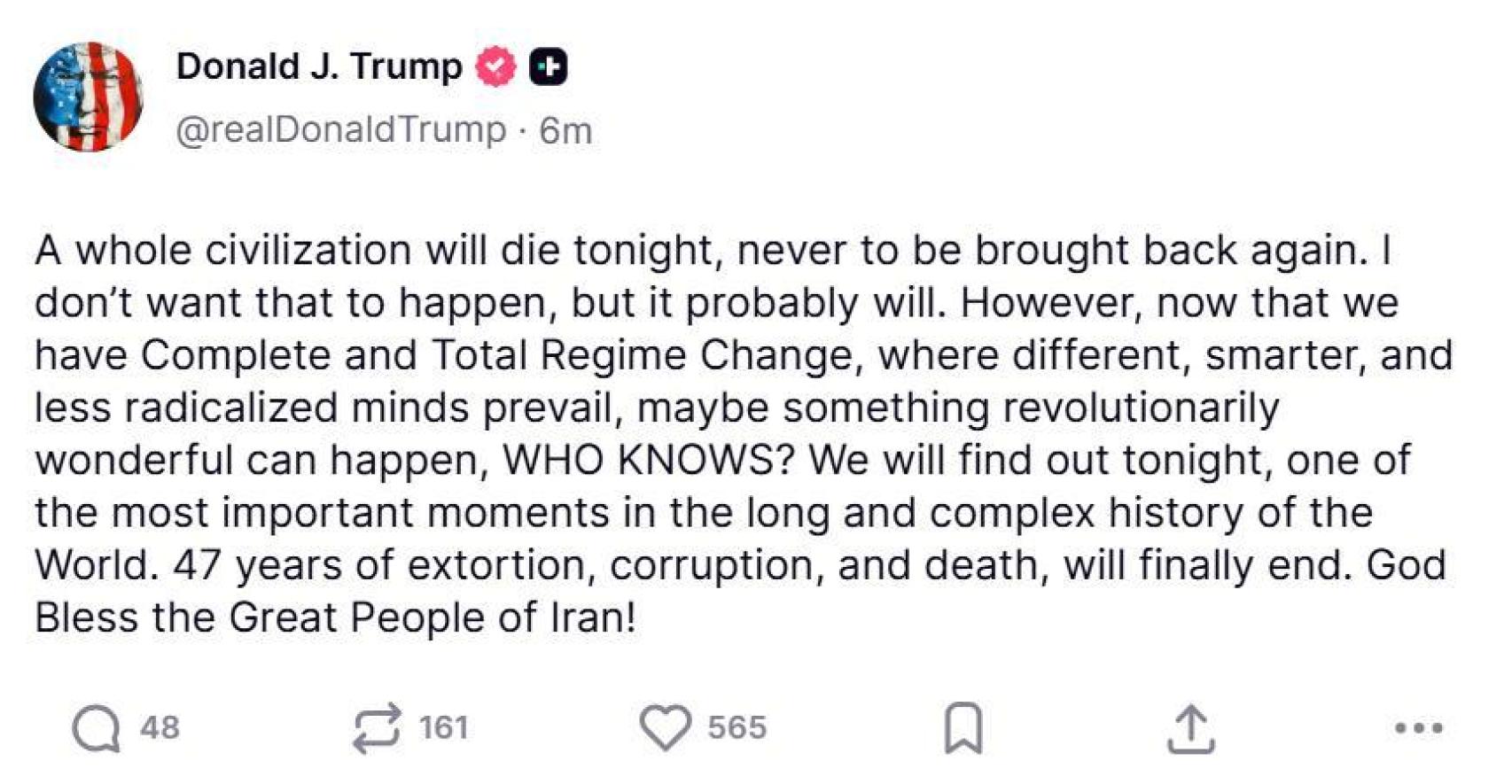 El mensaje de Trump en Truth Social.