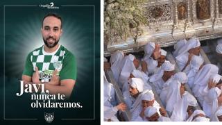 Javi en la imagen de despedida de uno de sus equipos y en el trono de la Virgen del Rocío.