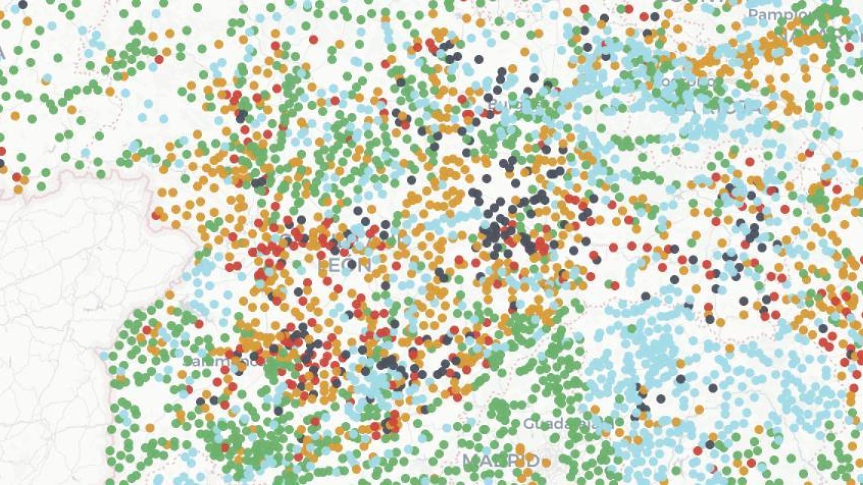 Captura del mapa en la zona de riesgo de Castilla y León.