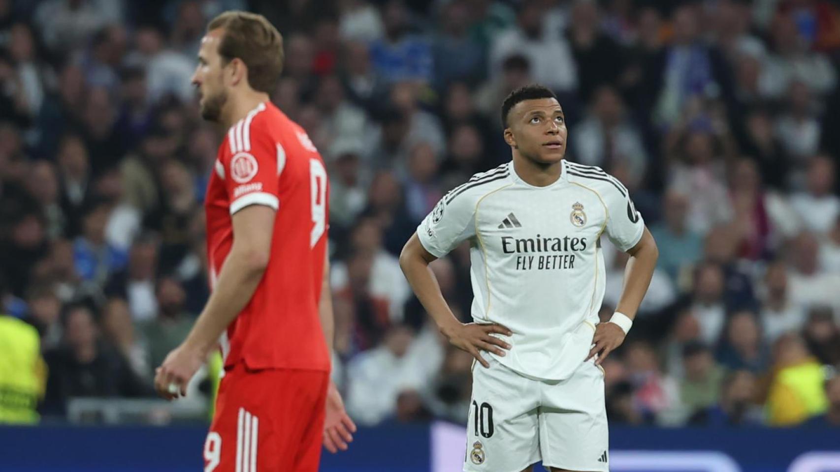Harry Kane y Mbappé, de fondo, durante el Real Madrid - Bayern