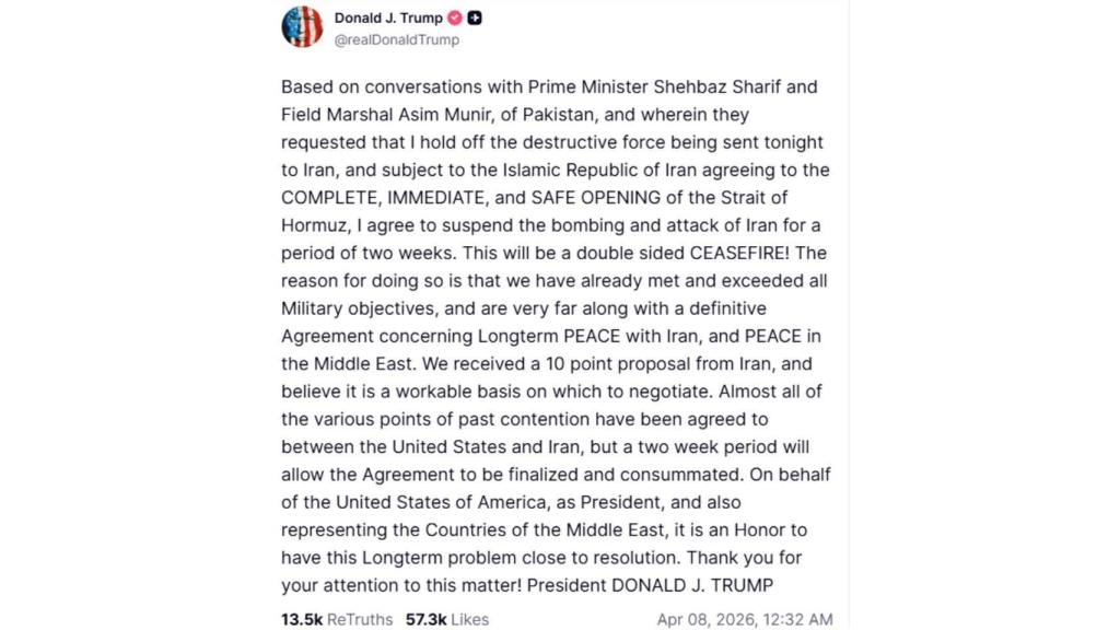 El mensaje de Donald Trump en la red social Truth.